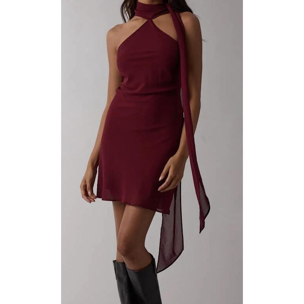 NEW SKY TO MOON sheer long scarf bias cut mini dress in wine